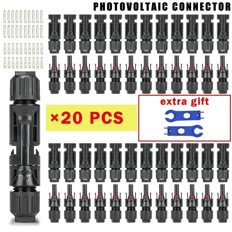 A set of 20 black photovoltaic connectors for PV cable, including various sizes and types.