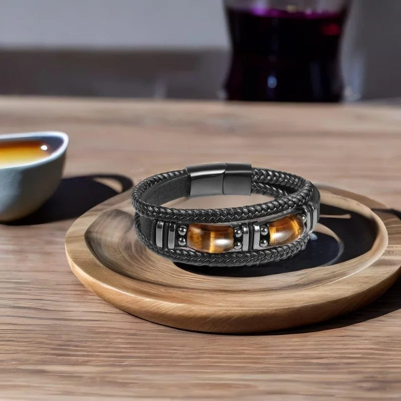 Tiger Eye & Black Leather Men's Bracelet