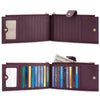A dark purple RFID blocking extra-large bifold wallet with a clear window and multiple card slots.