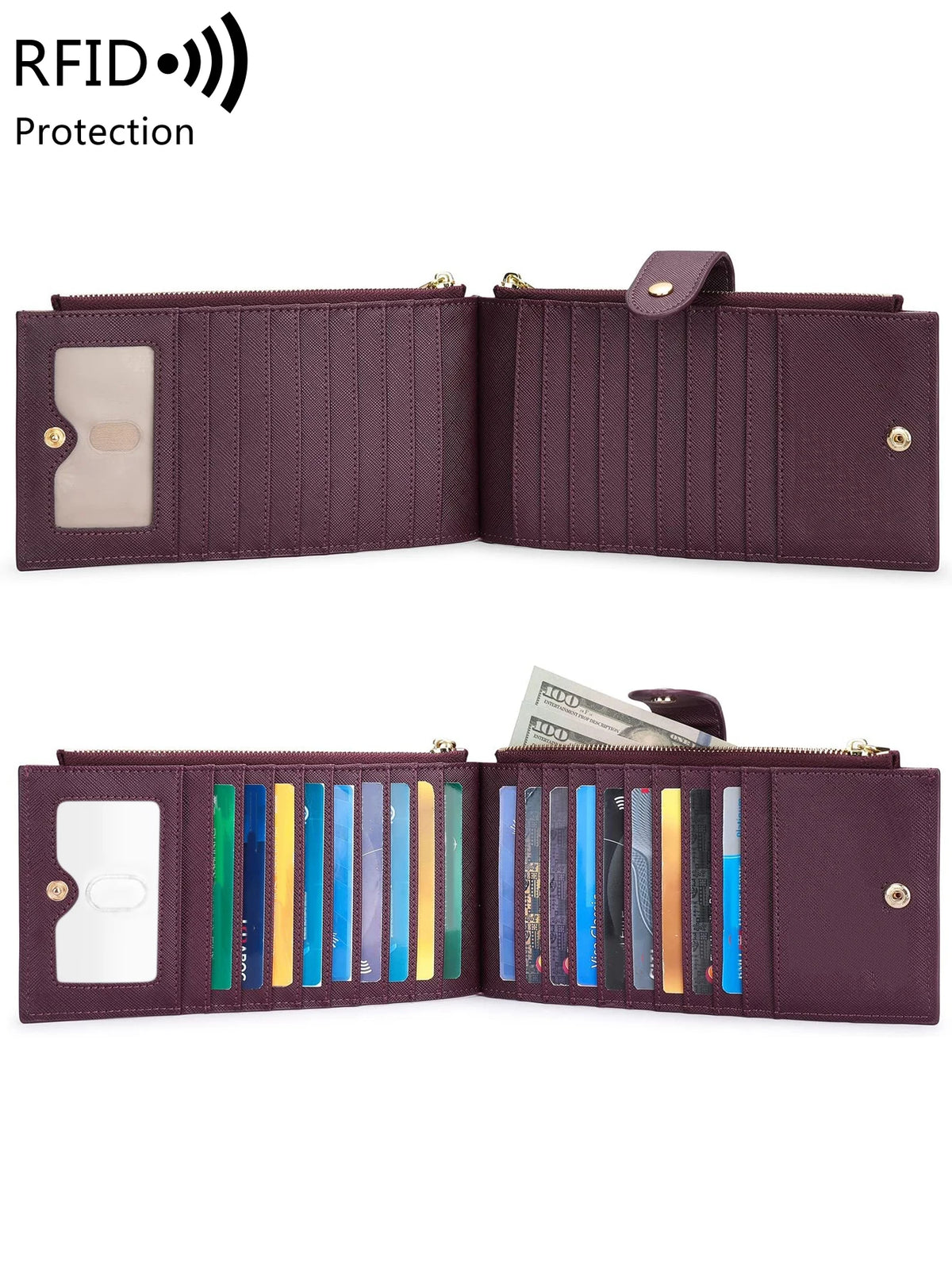 A dark purple RFID blocking extra-large bifold wallet with a clear window and multiple card slots.