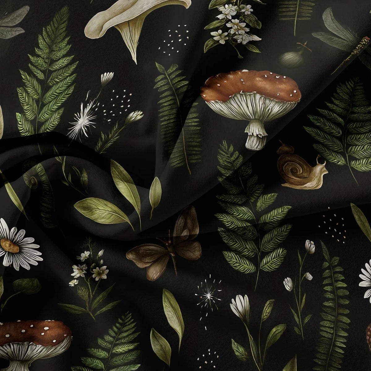 Dark fabric featuring a pattern of forest mushrooms, leaves, and small white flowers.