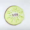 A round, lime green fruit-design waterproof shower cap for women featuring a kiwi pattern.