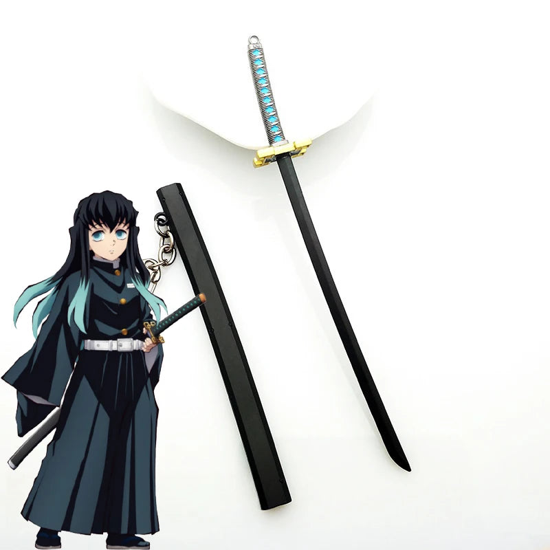 A figure dressed as Tanjiro with a black sword and a katana replica are displayed against a white background.