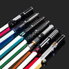 A collection of 16 color metal lightsabers with glowing blades displayed diagonally against a dark background.