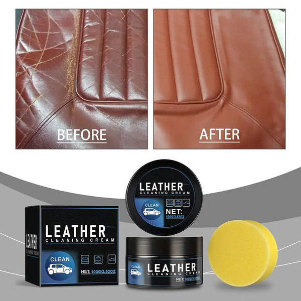 Before and after images of leather cleaning cream product packaging and application