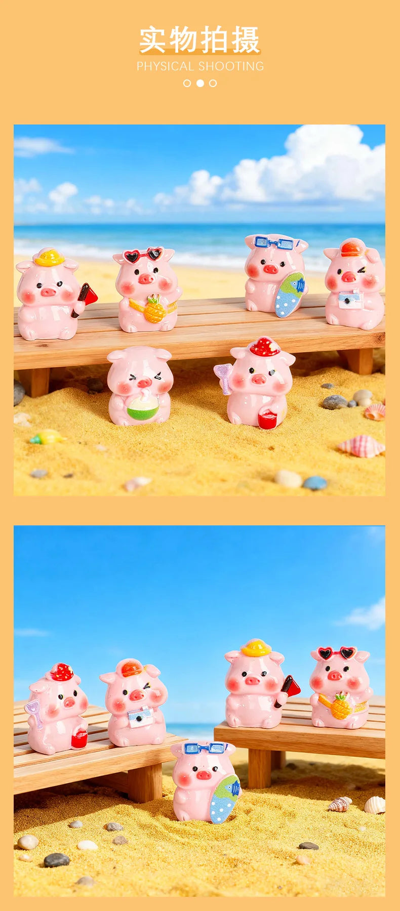 A collection of pink resin pig figurines in various poses and colors displayed on a wooden surface amidst yellow sand.
