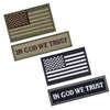 A set of two embroidered patches featuring the American flag and the phrase In God We Trust