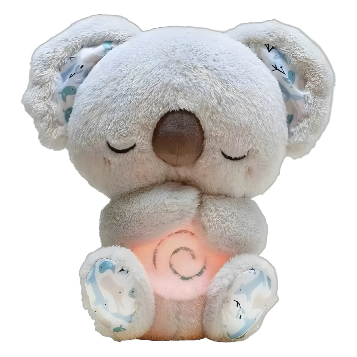 A white koala plush toy with closed eyes, featuring a soothing light on its chest.