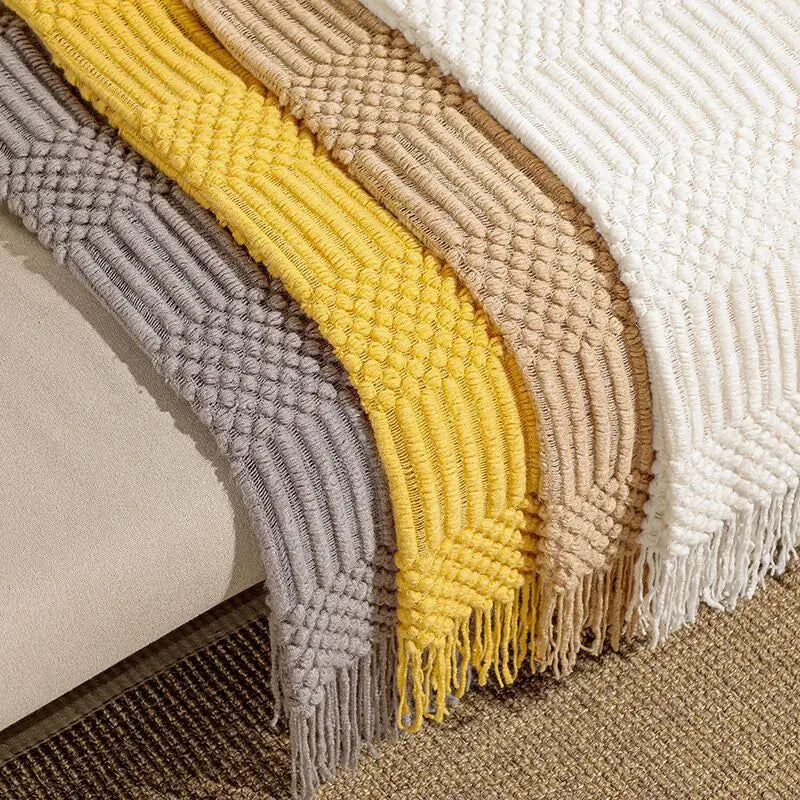Khaki Knitted Throw Blanket with Tassels