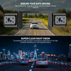 A 360° 4-lens dashcam is shown mounted on a car, demonstrating super-clear night vision in a city driving scene.