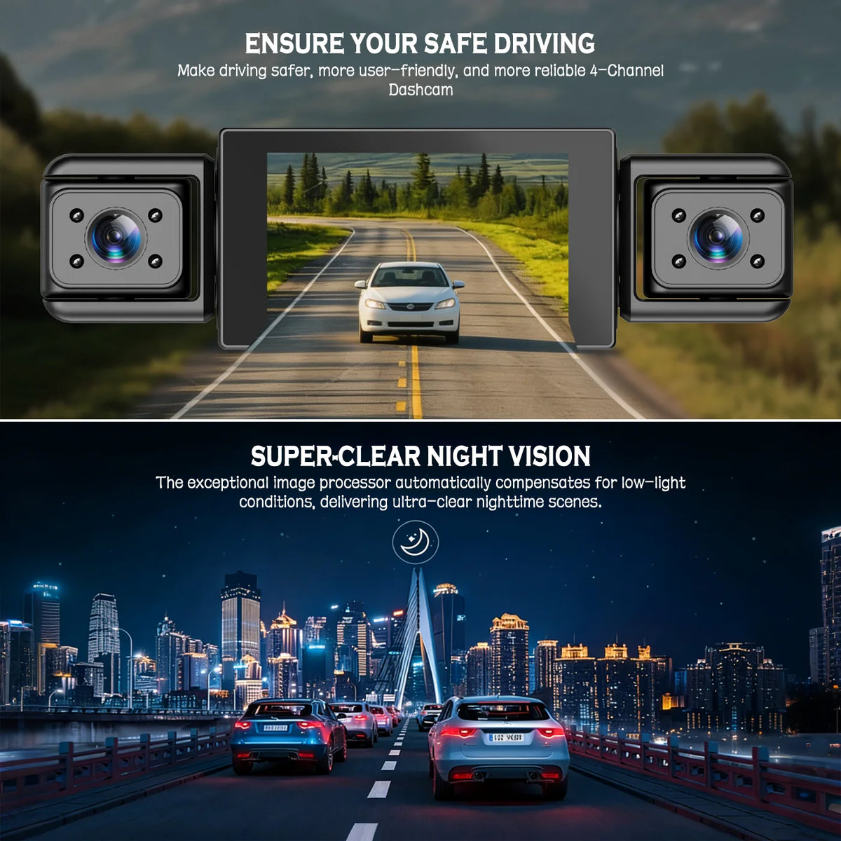 A 360° 4-lens dashcam is shown mounted on a car, demonstrating super-clear night vision in a city driving scene.