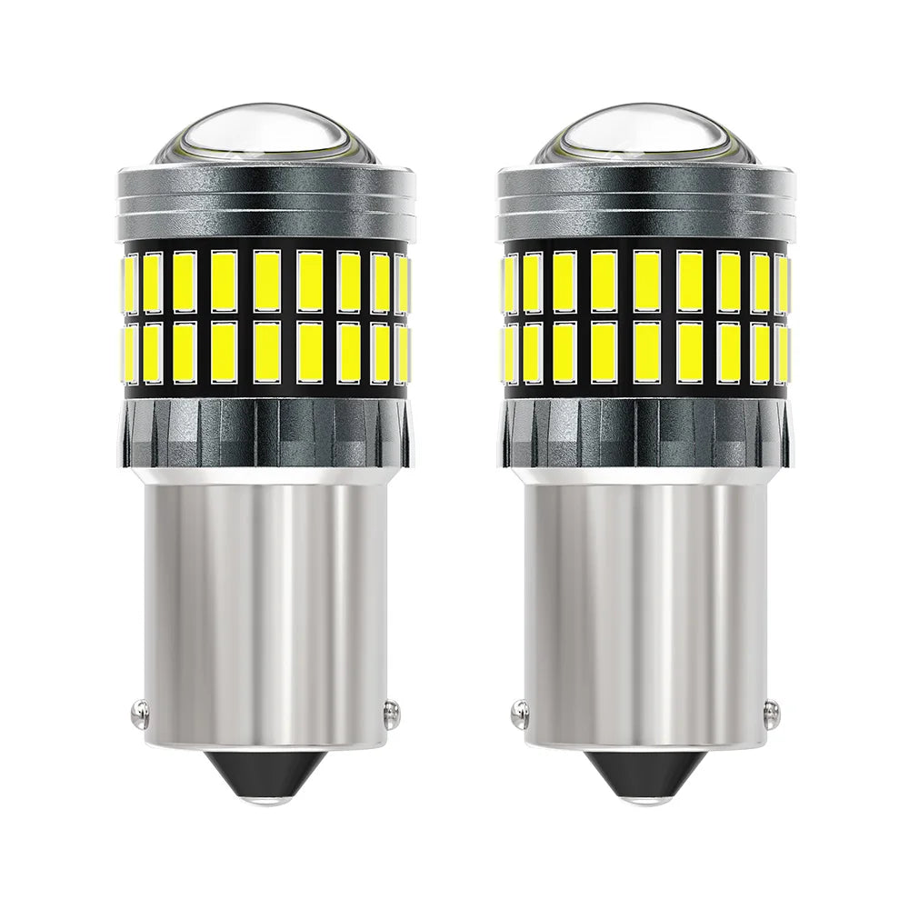 A pair of LED turn signal and reverse light bulbs with silver housing and yellow light elements.