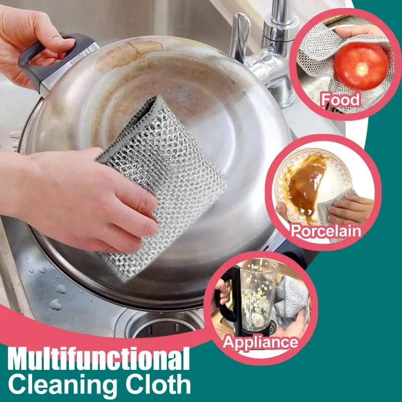 A multifunctional cleaning cloth being used inside a stainless steel pot for kitchen cleaning.