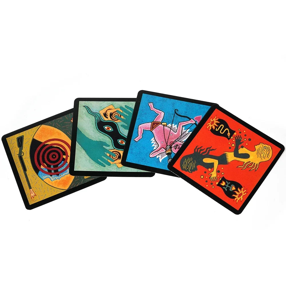 A set of five cards from the Werewolf: The Social Deduction card game featuring various illustrated characters and designs.