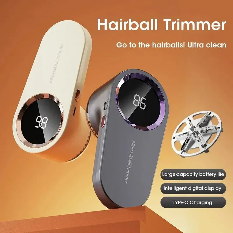 A compact, light-colored electric lint trimmer with a digital display and a separate cleaning tool is shown on an orange back