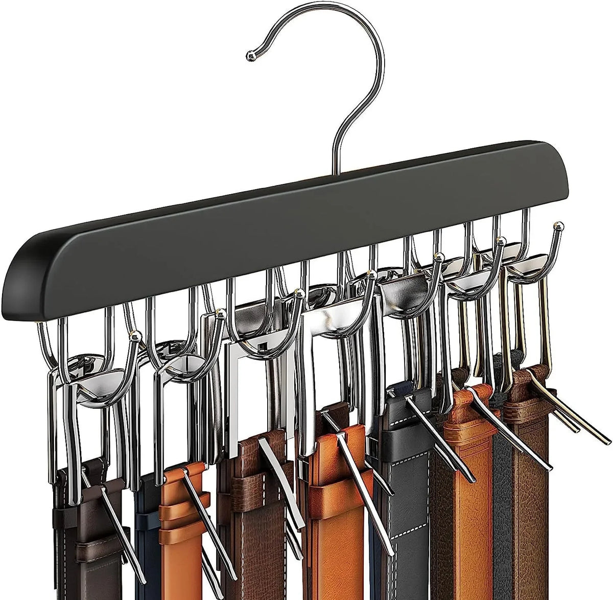 A black wooden belt organizer rack with fourteen metal hooks is displayed.