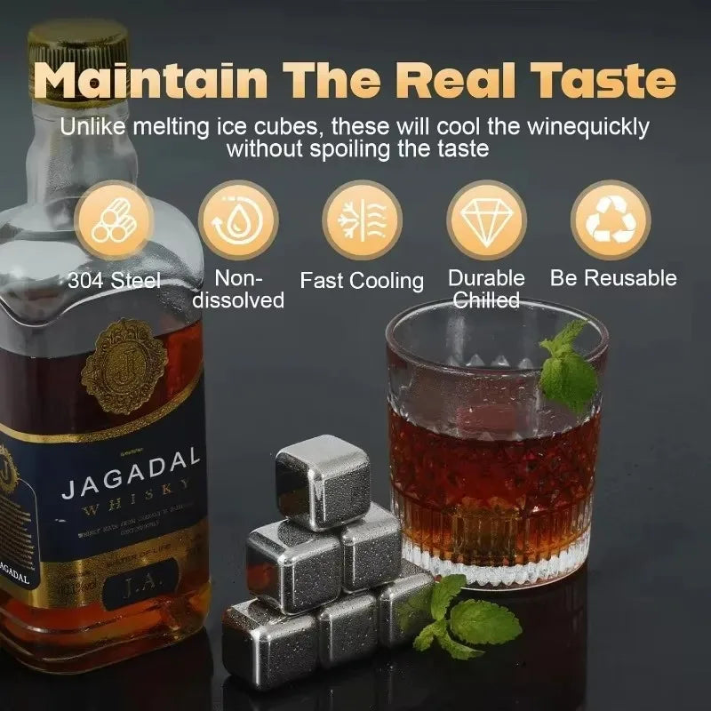 Reusable Stainless Steel Whiskey Stones with Tongs