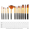 A set of twelve numbered nylon bristle flat brushes for painting, showing various sizes and lengths.
