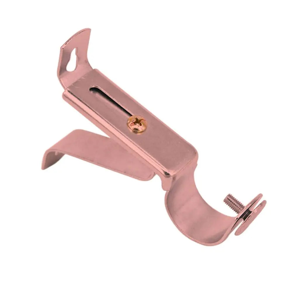 A rose gold metal curtain rod bracket with an adjustable wall mount support.