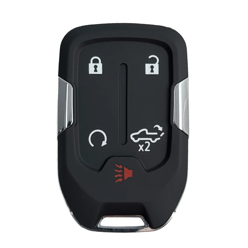 A black replacement remote key for Chevrolet and GMC models with various security and function icons.