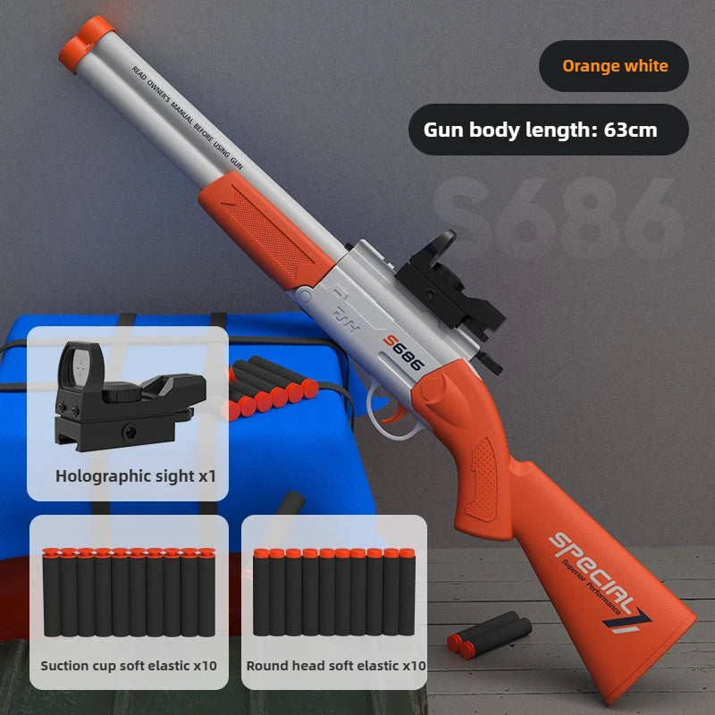 Orange and white double-barrel soft bullet toy rifle with holographic sight and elastic bullets