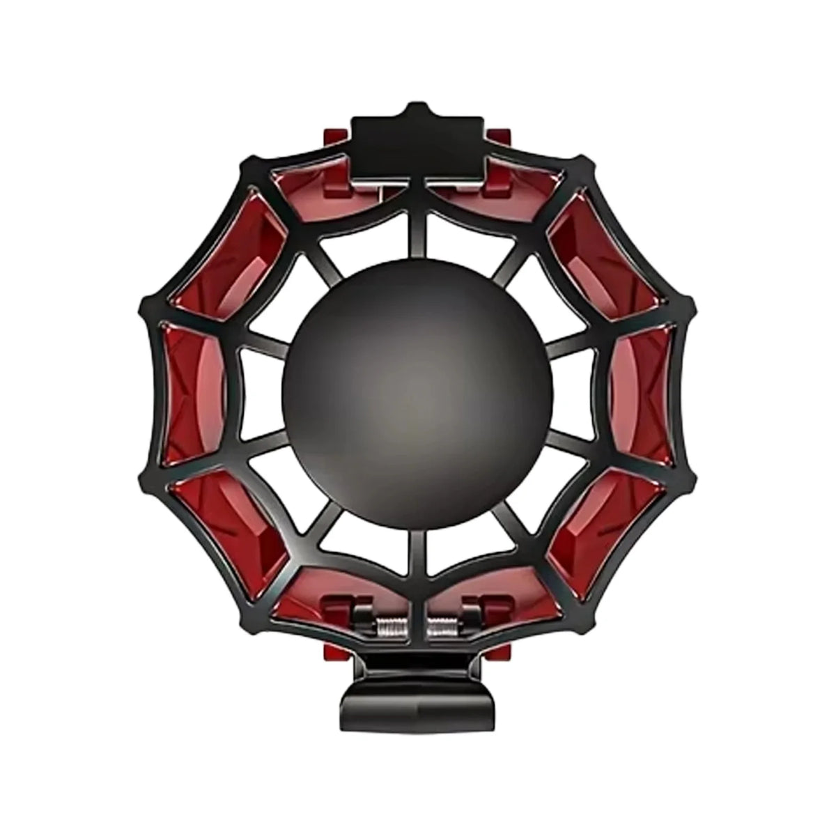 A black metal push-start ignition button cover with a central round lens surrounded by red accents.