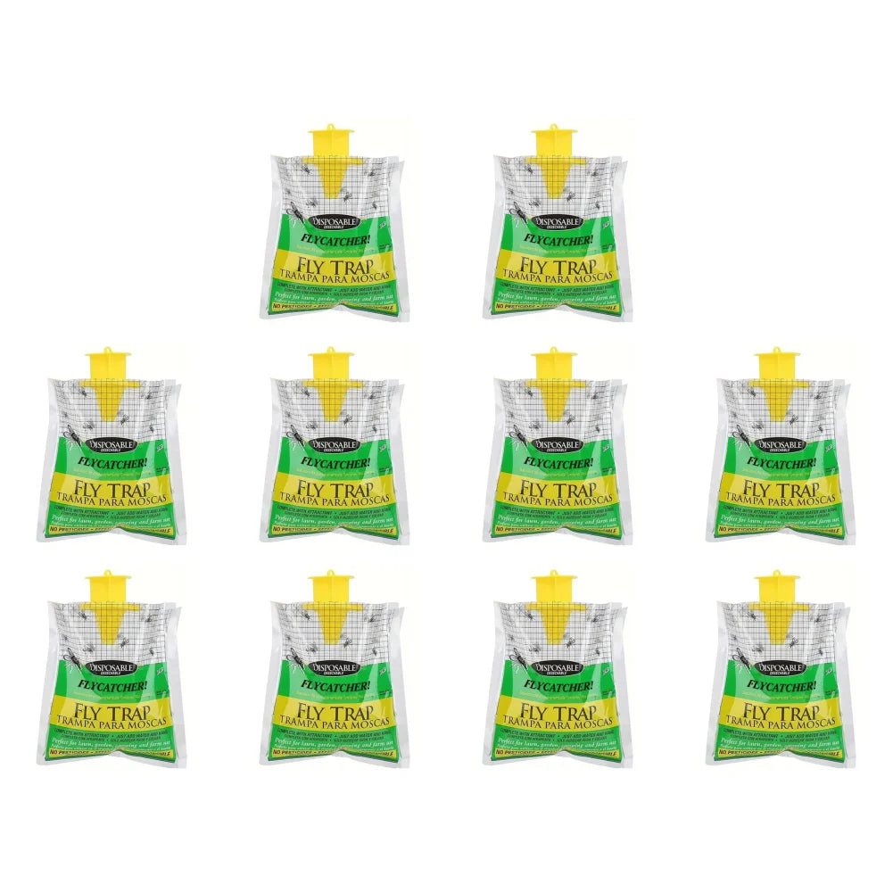 A set of hanging fly trap bags with bait for outdoor insect catching