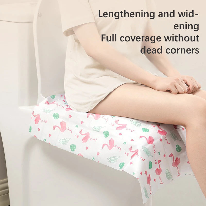 Disposable toilet seat covers for kids and adults shown on a person, highlighting lengthening and wide coverage.