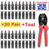 A set of twenty pairs of solar panel connectors and a tool for PV cable installation
