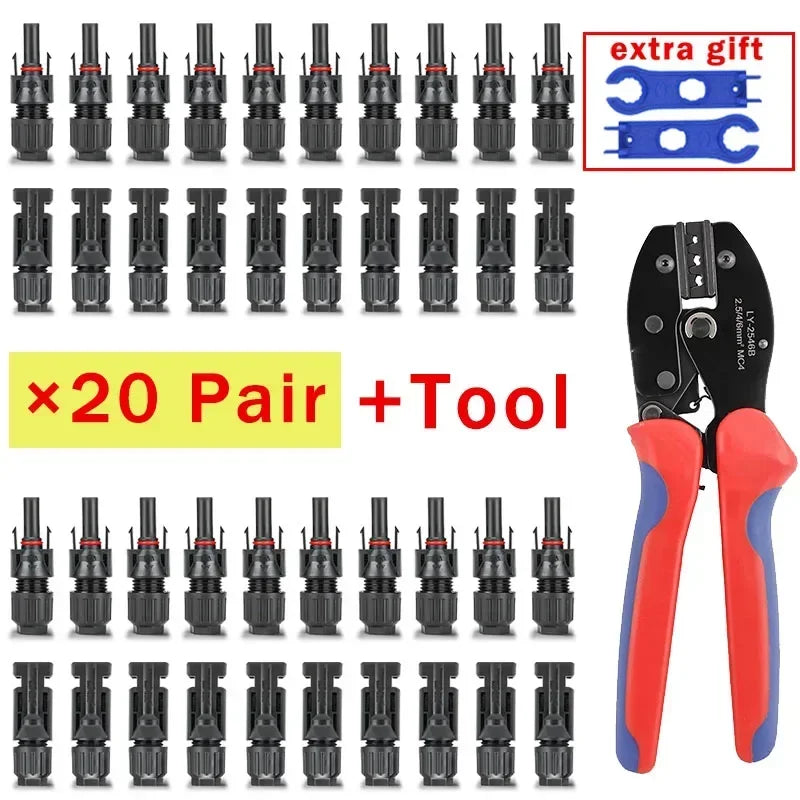A set of twenty pairs of solar panel connectors and a tool for PV cable installation