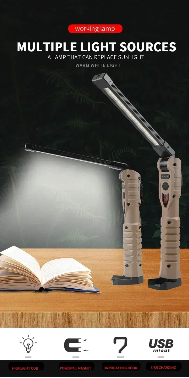 Foldable LED Work Light with Magnetic Base and USB Charging
