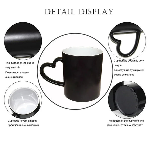 Vista detallada de una taza de cerámica negra mostrando su superficie lisa, el diseño del asa y la base.
