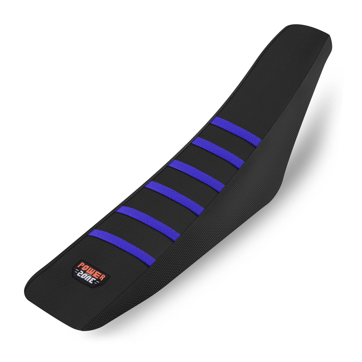 Black ribbed motorcycle seat cover with blue stripes and a Power Zone logo