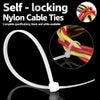 A white self-locking nylon cable tie is shown, along with examples of black and white options.