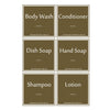 A collection of brown product labels for Body Wash, Conditioner, Dish Soap, Hand Soap, Shampoo, and Lotion.