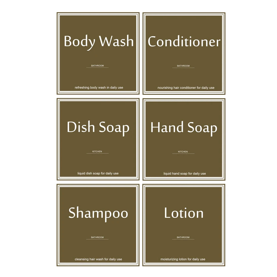 A collection of brown product labels for Body Wash, Conditioner, Dish Soap, Hand Soap, Shampoo, and Lotion.