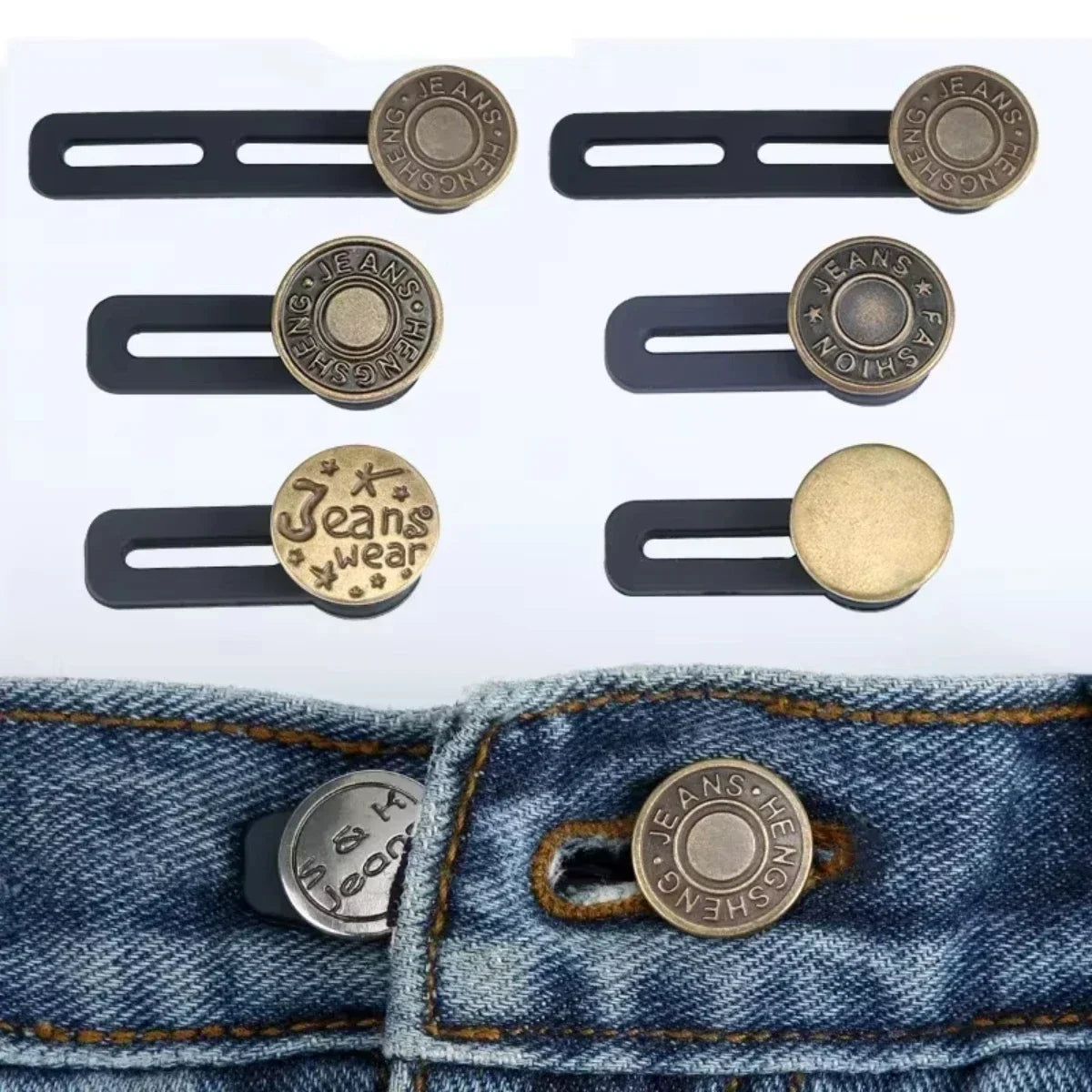Ensemble d'élastiques de taille réglables pour jeans avec divers boutons en métal et laiton.