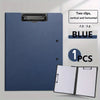 A blue A3/A4 clip folder with a protective cover shown next to two metal clips.