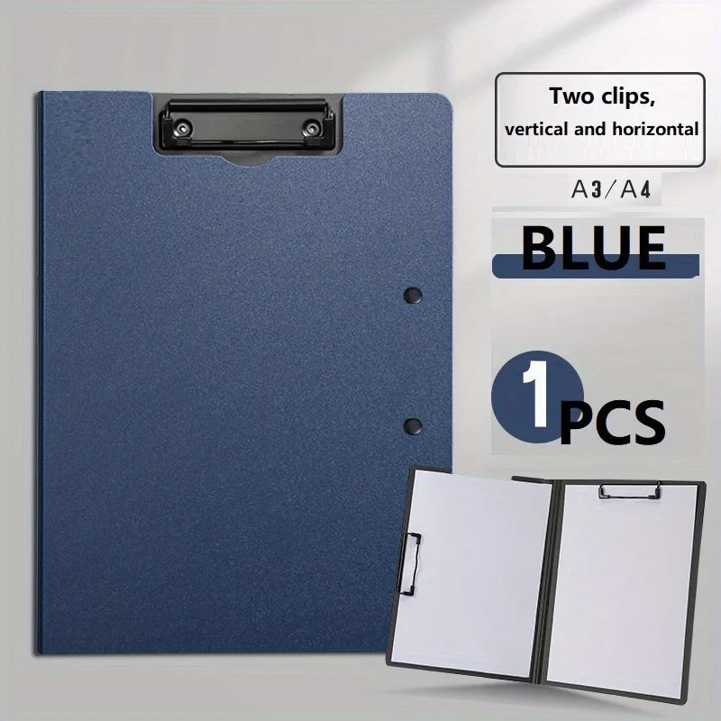 A blue A3/A4 clip folder with a protective cover shown next to two metal clips.
