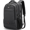 A dark gray laptop backpack featuring a padded design and a strap for carrying.