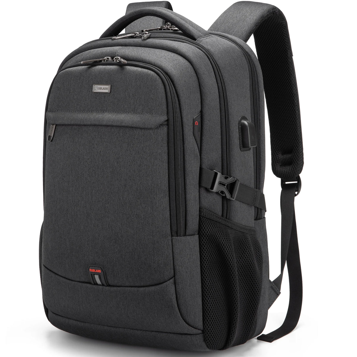 A dark gray laptop backpack featuring a padded design and a strap for carrying.