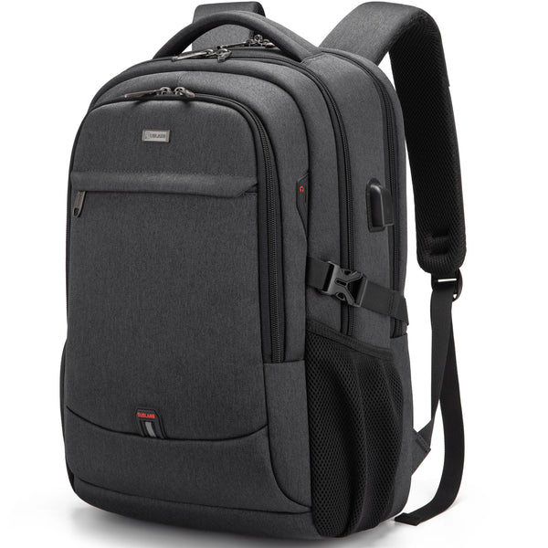 A dark gray laptop backpack featuring a padded design and a strap for carrying.