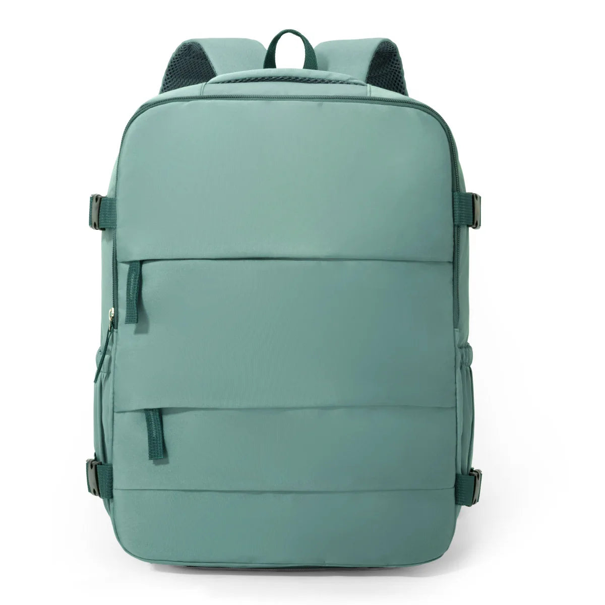 A teal travel and commuter backpack with gray accents and padded straps.