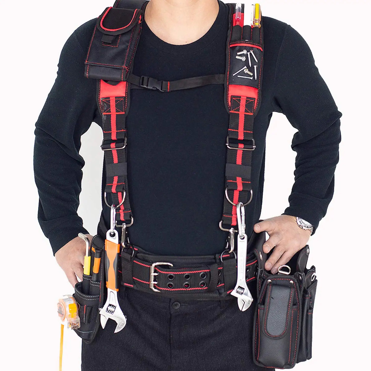 A person wearing a black shirt and pants is shown with a heavy duty padded tool belt and suspenders.