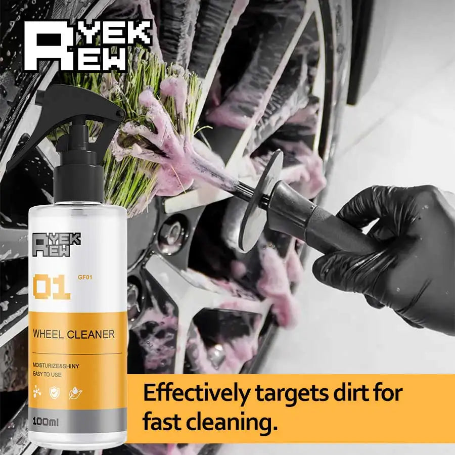 A bottle of tire and wheel cleaner is shown with a hand cleaning a dirty car wheel.