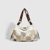 Sac à main patchwork floral beige et rose avec brides en cuir marron.