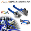 A set of blue and silver brake and clutch levers for a Yamaha dirt bike, showing the lever components and installation contex