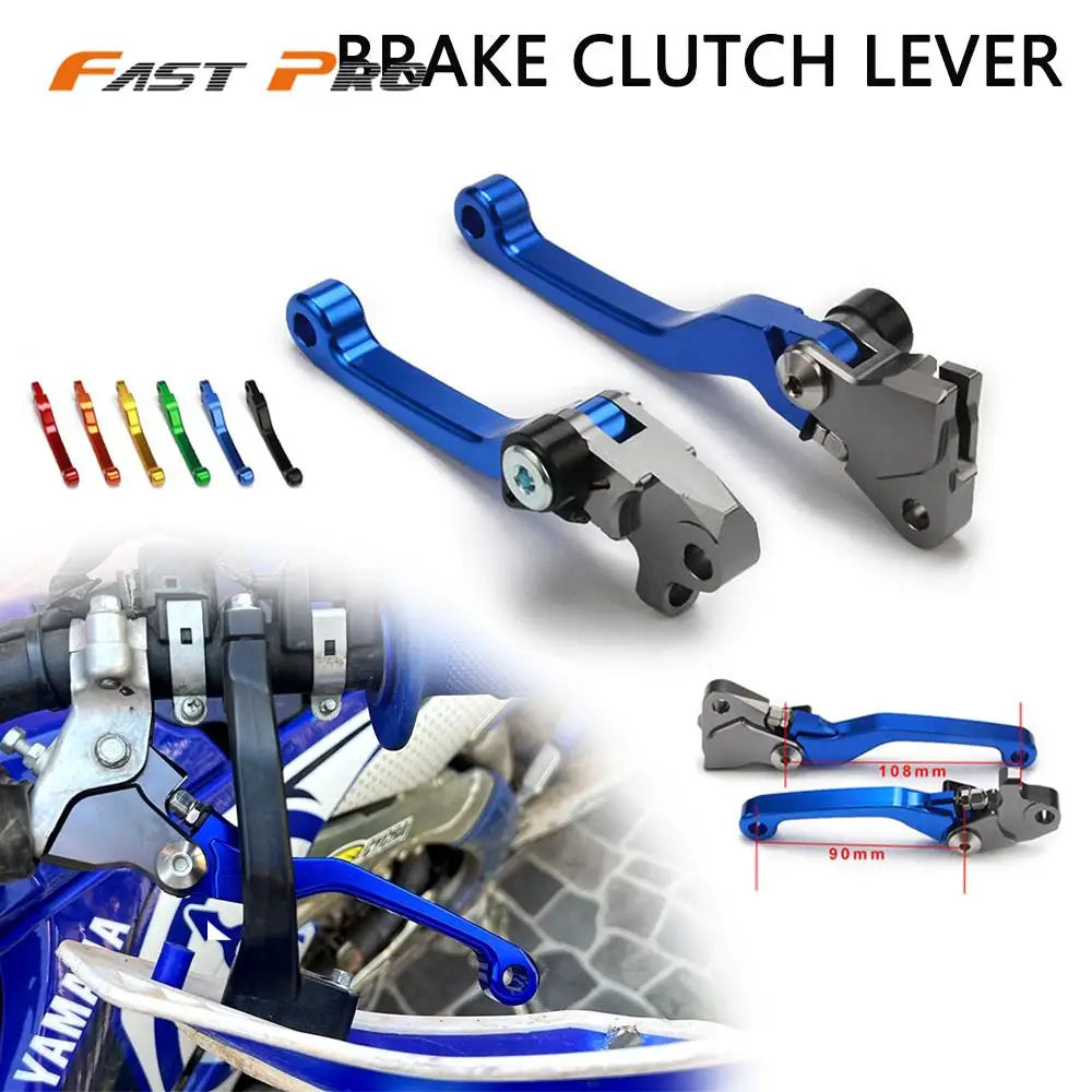 A set of blue and silver brake and clutch levers for a Yamaha dirt bike, showing the lever components and installation contex