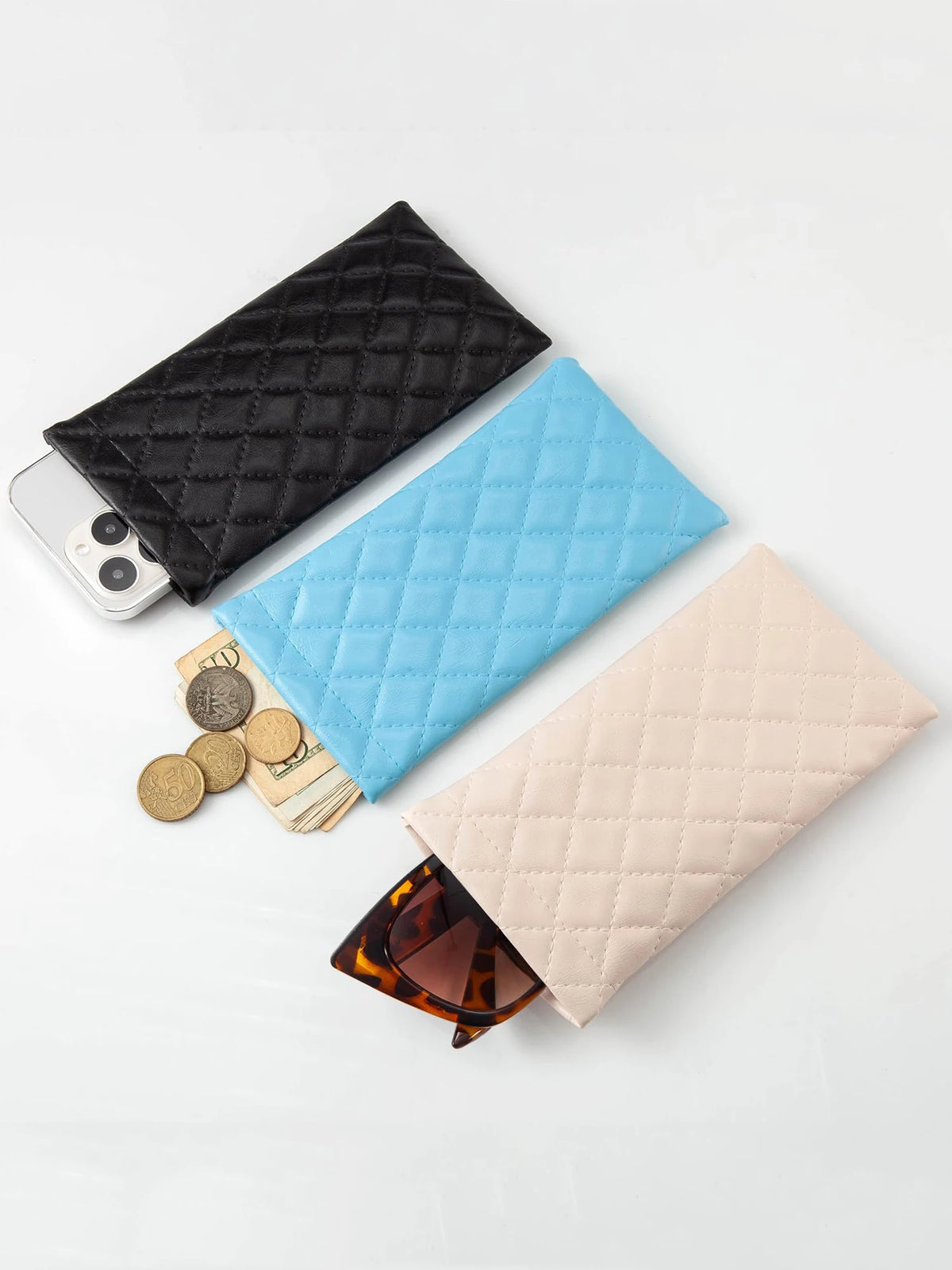 Soft PU Leather Squeeze Glasses Case with Multi-Functional Storage Pocket