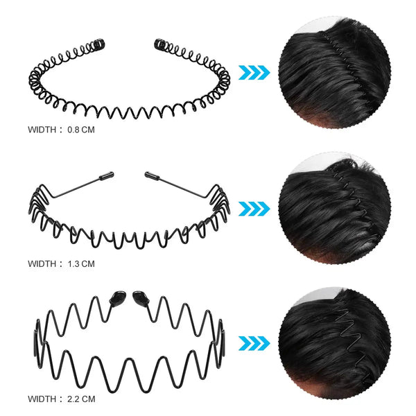 Tres bandas elásticas metálicas de diferentes anchos junto a ejemplos de cabello negro ondulado.